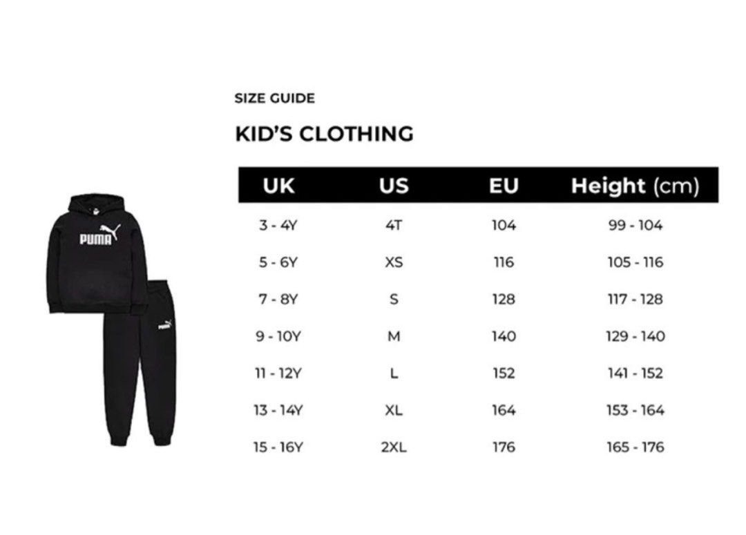 Puma clothing uk size chart shop