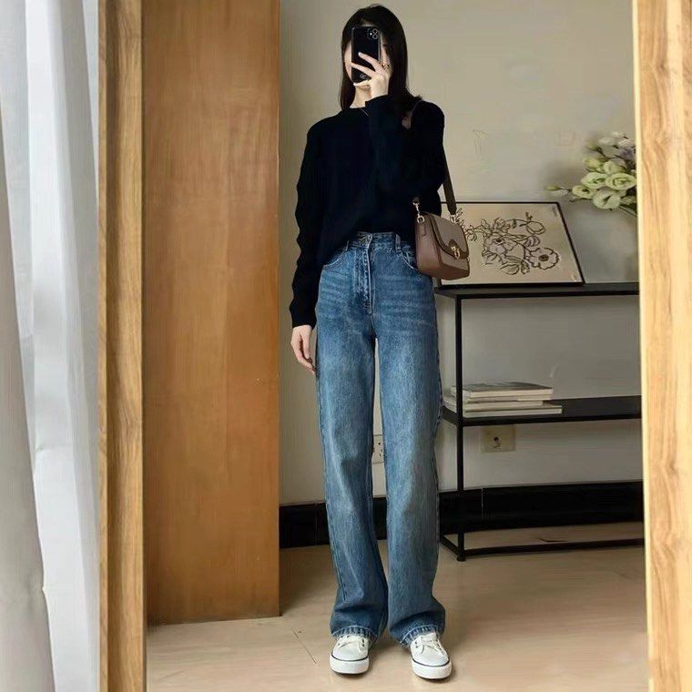 Blue denim straight cut long jeans