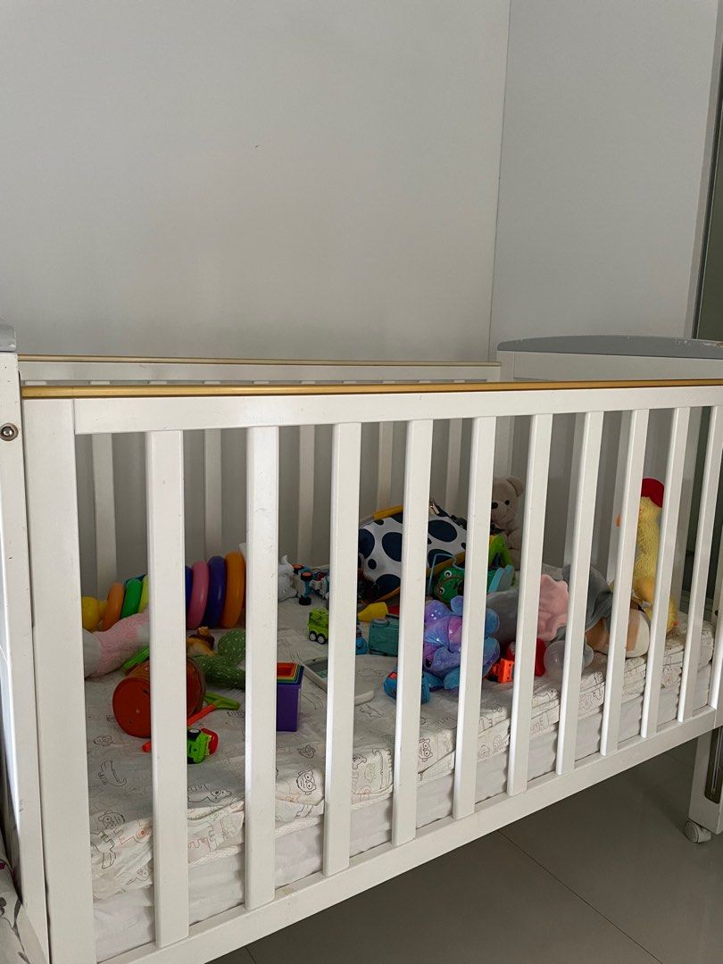 Child care baby cot white with 2 mattresses and cot bumper, Babies