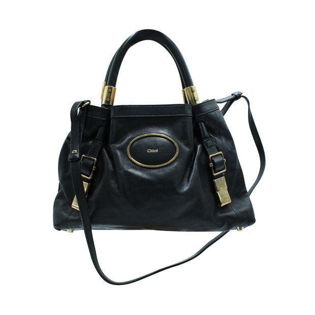 Chlo Logo Top Handle Bag in Other Leather Gold Hardware Black