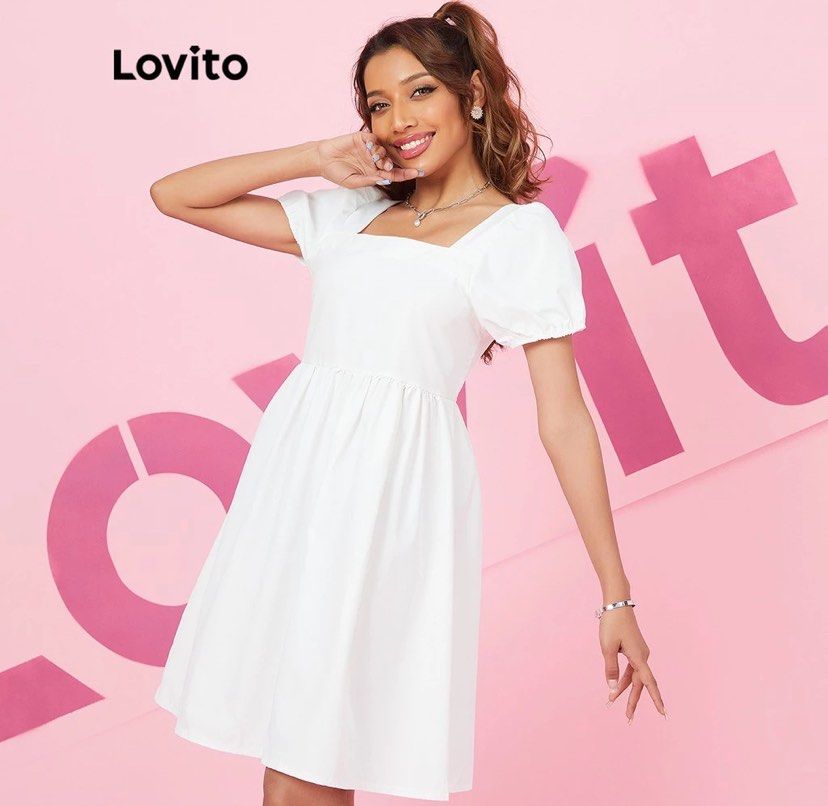 Cute plain puff sleeve basic dress