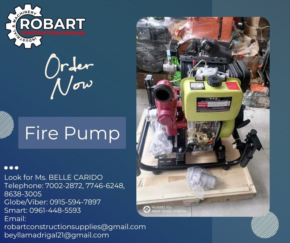 Diesel Fire Pump (Category: Construction Tools & Equipment) located in Manila. Submitted by bellarobart (Listing ID 1262192038, Image 1). Description: Diesel Fire Pump Brand: Marpro 𝑹𝑶𝑩𝑨𝑹𝑻 𝑪𝑶𝑵𝑺𝑻𝑹𝑼𝑪𝑻𝑰𝑶𝑵 𝑺𝑼𝑷𝑷𝑳𝑰𝑬𝑺 #RobartConstructionSupplies #robartph #constructionmaterials #industrialsupply Office Address: 1405 Yuseco St. Sta Cruz Manila SEND US MESSAGE FOR INQUIRIES ‼️‼️ 🔵 100% Trusted Supplier 🔵 Competitive Price 🔵 𝑾