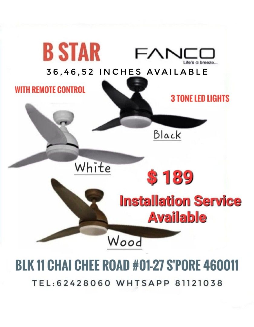 FANCO DC Ceiling Fan With Remote & 3 Tones LED Lights/ 36,46,52 inches available. ( Additional