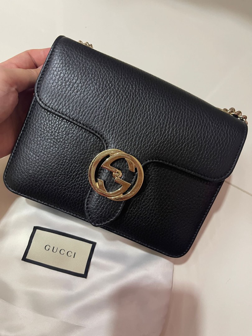 Gucci GG Black Leather Interlocking Crossbody Bag, Luxury, Bags