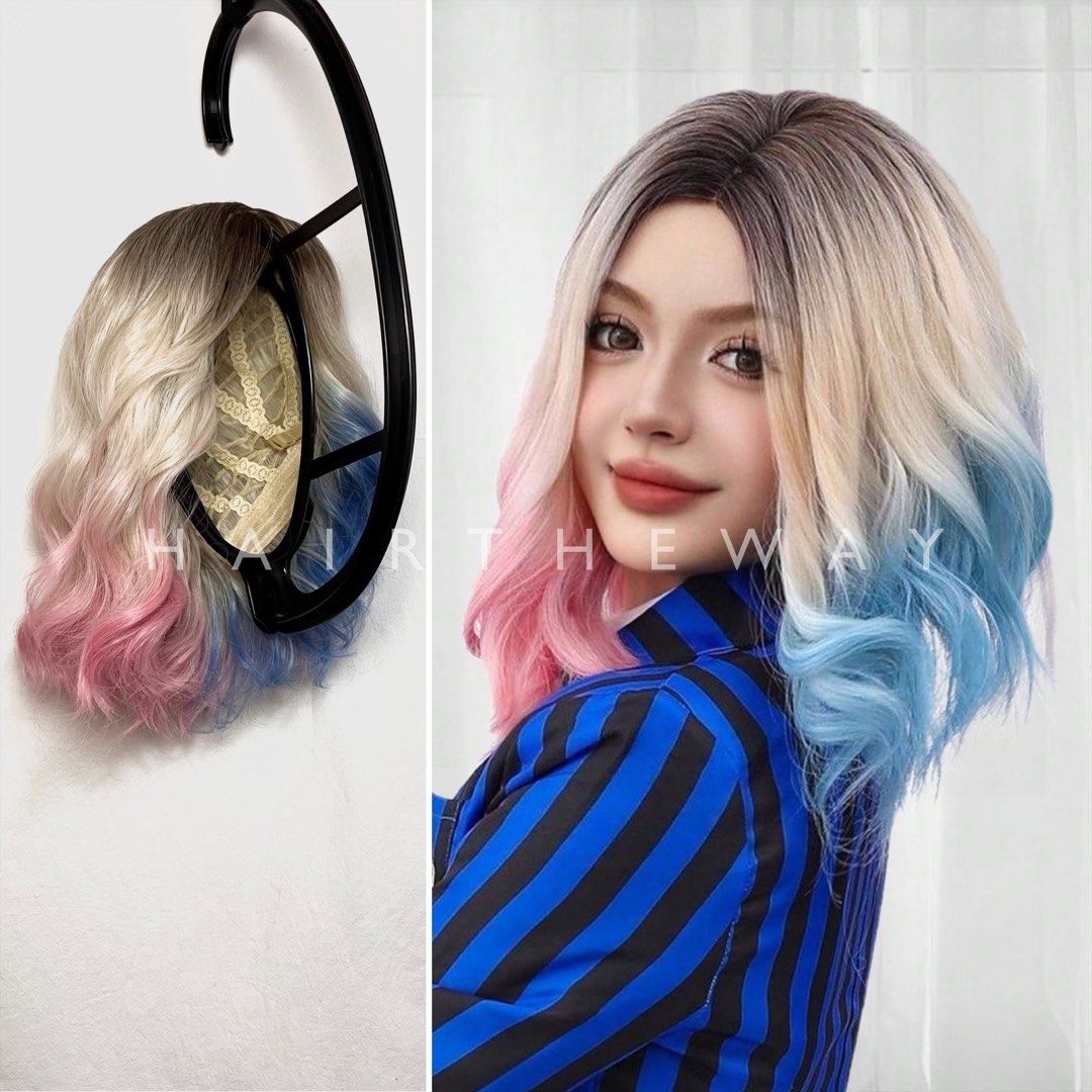 HARLEY QUINN Short Blonde Bob Hair Wig Two Tone Pink Blue Cosplay Halloween Costume Wig Beauty Personal Care Hair on Carousell