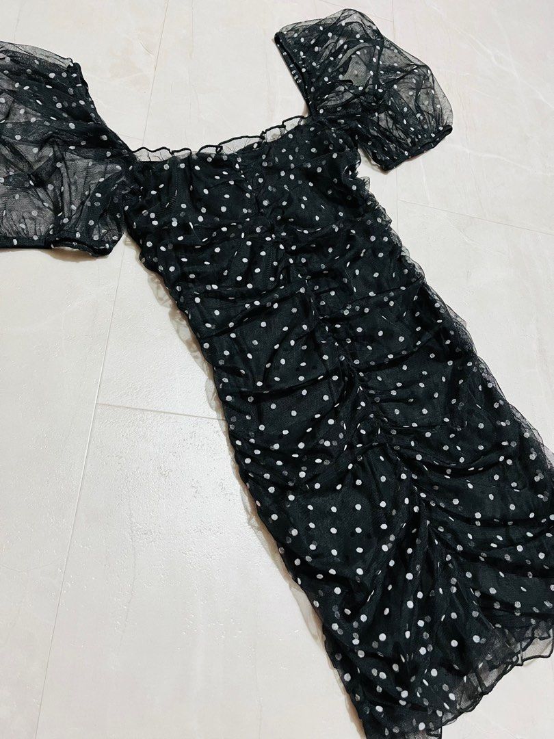 H M Black Polka Dot Runched Dress