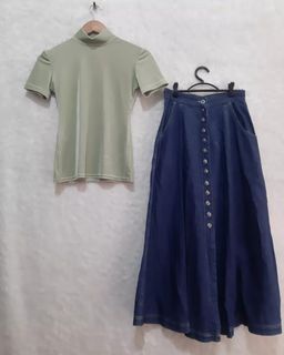 Clearance Sale HQ mint green velvet fitted top and denim maxi skirt XS-S frames