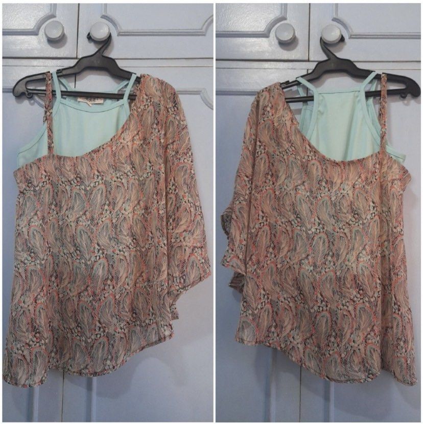 Layered Leaf Print Asymmetric Chiffon Blouse, Tanks