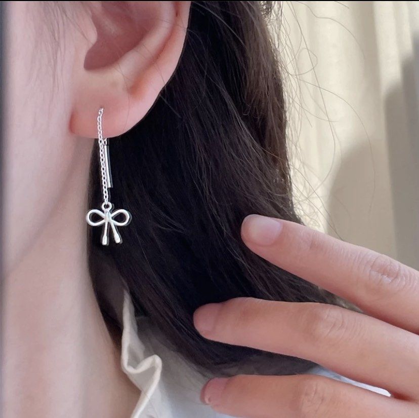Delicate s925 Silver Long Chain Hollow Bow Dangle Earrings for