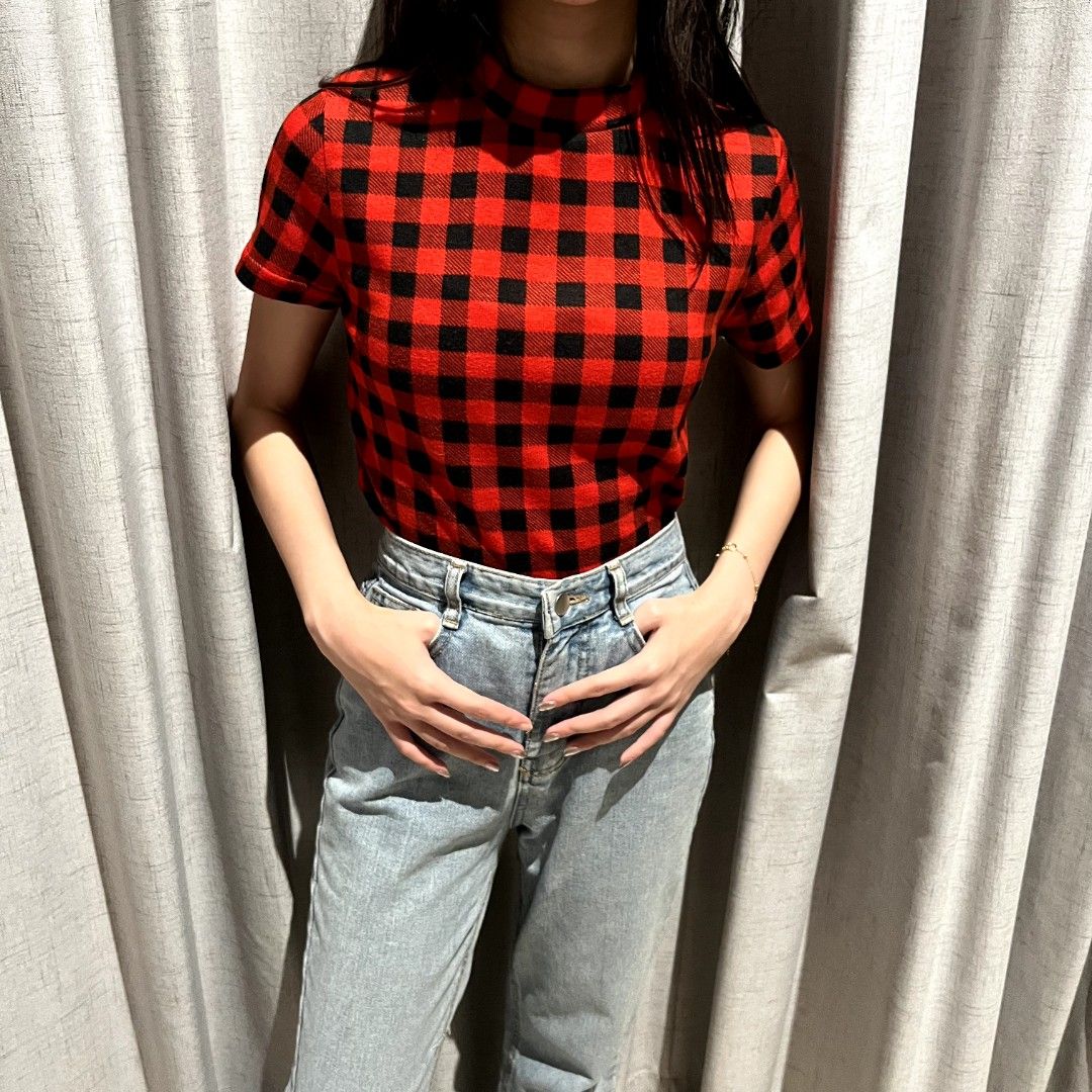 Miss Valley Checkered Turtleneck Top Size S Fesyen Wanita
