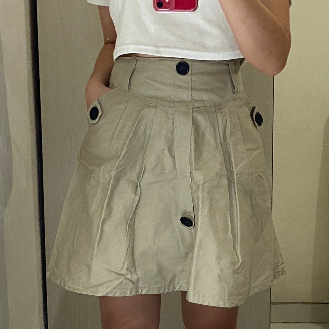 No Brand] Button Cotton Skirt Warna Taupe Belakang Karet Vintage
