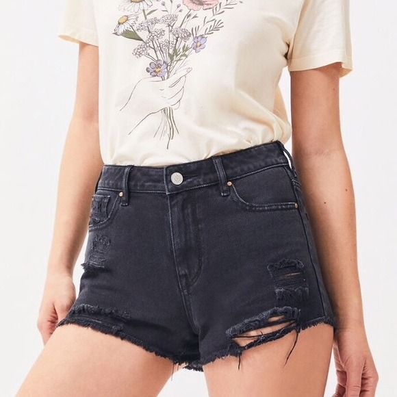 Los feliz destroyed discount black denim shorts