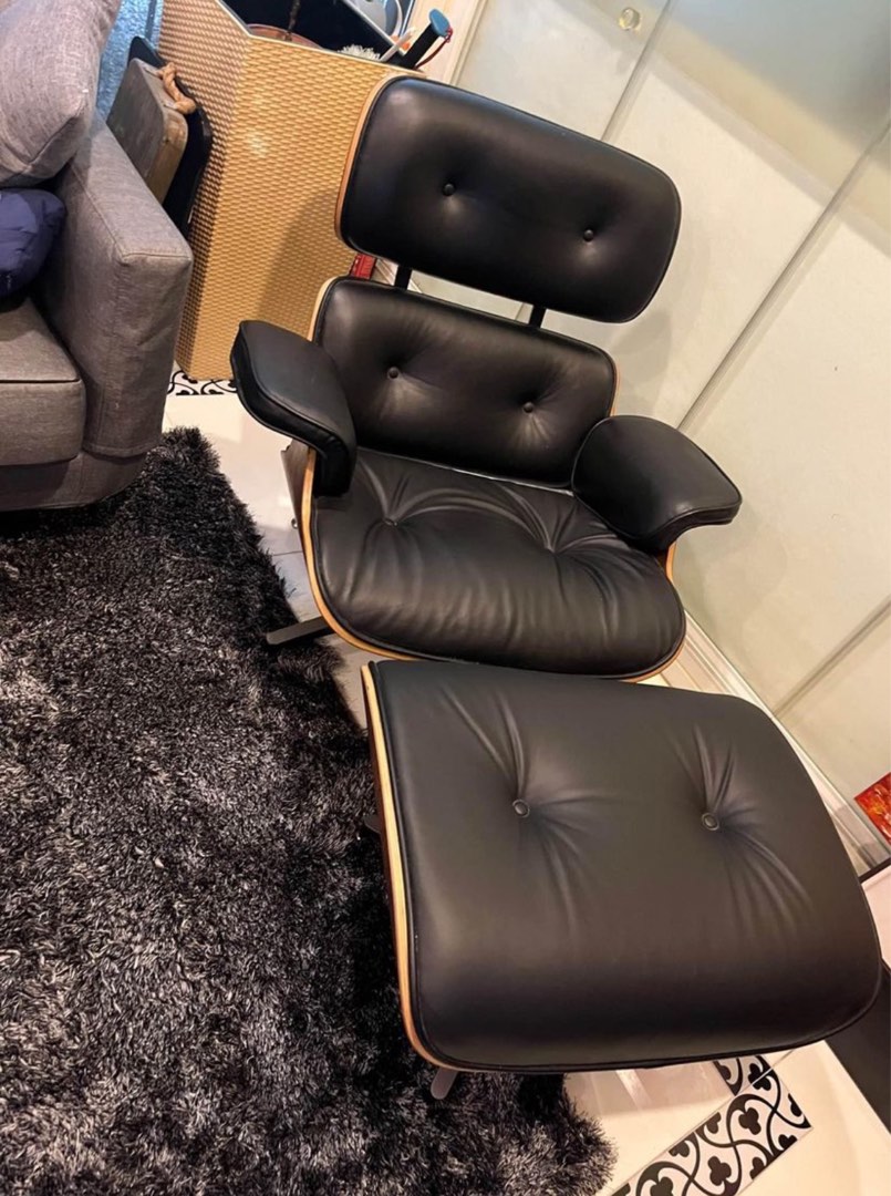 Real leather lounge chair with ottoman, Furniture & Home Living