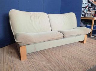 Sofa 76”L x 30”W x 14”SH 3 seater Solid wood Washable fabric seat Bulky foam In good cond