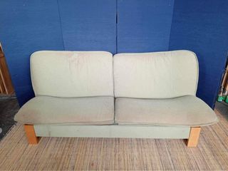 Sofa 76”L x 30”W x 14”SH   3 seater Solid wood Washable fabric seat Bulky foam In good condition