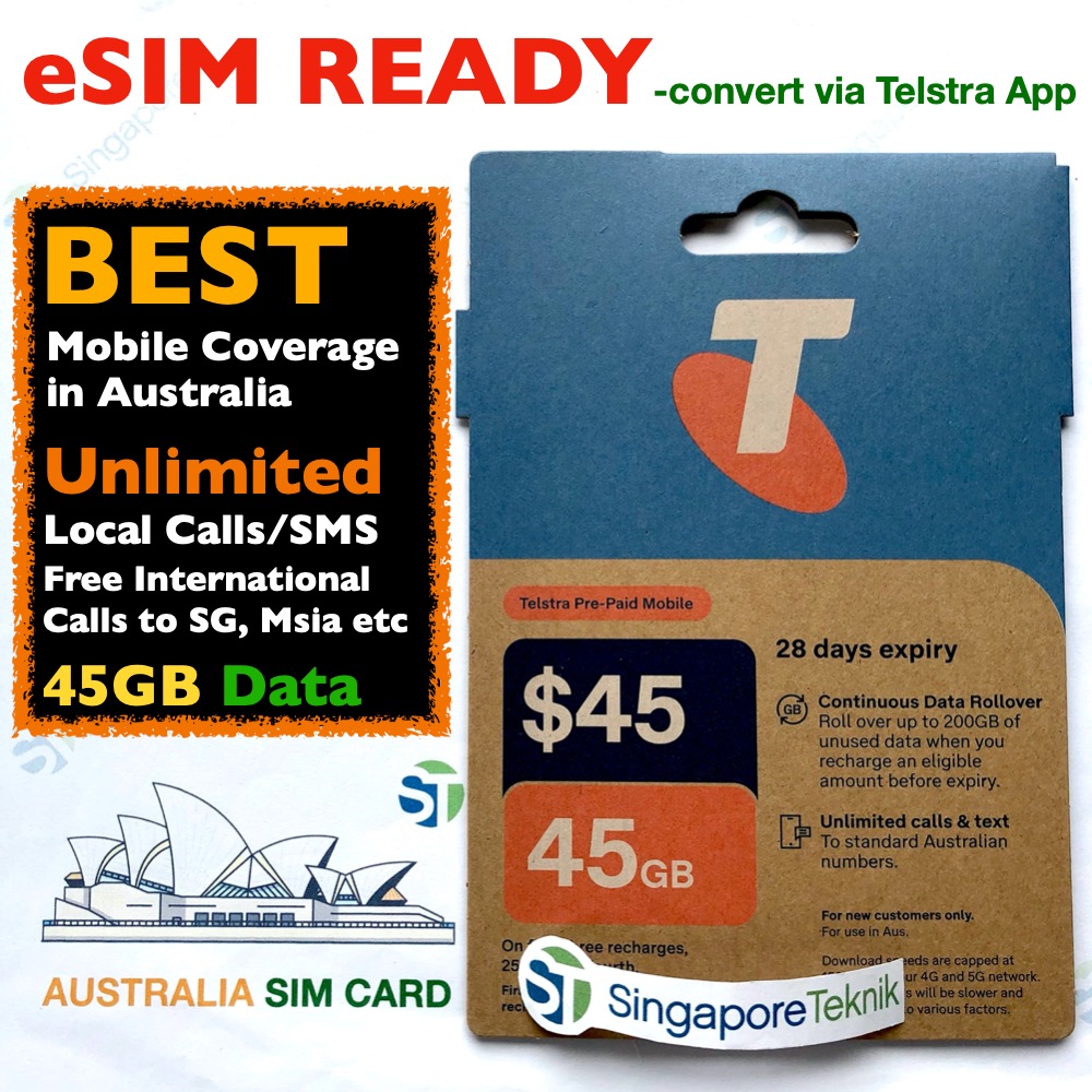 Telstra Prepaid eSIM SIM Card Australia 45GB Data Mobile Roam Best