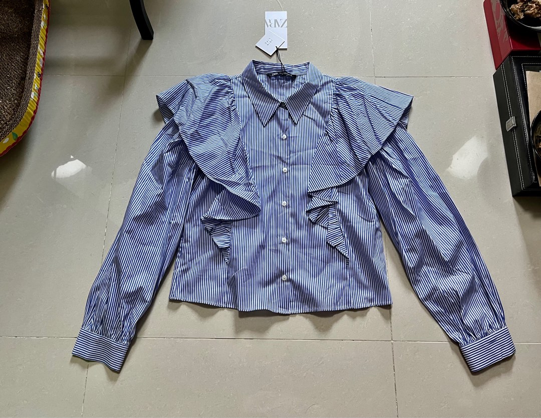 Zara blue ruffle blouse clearance