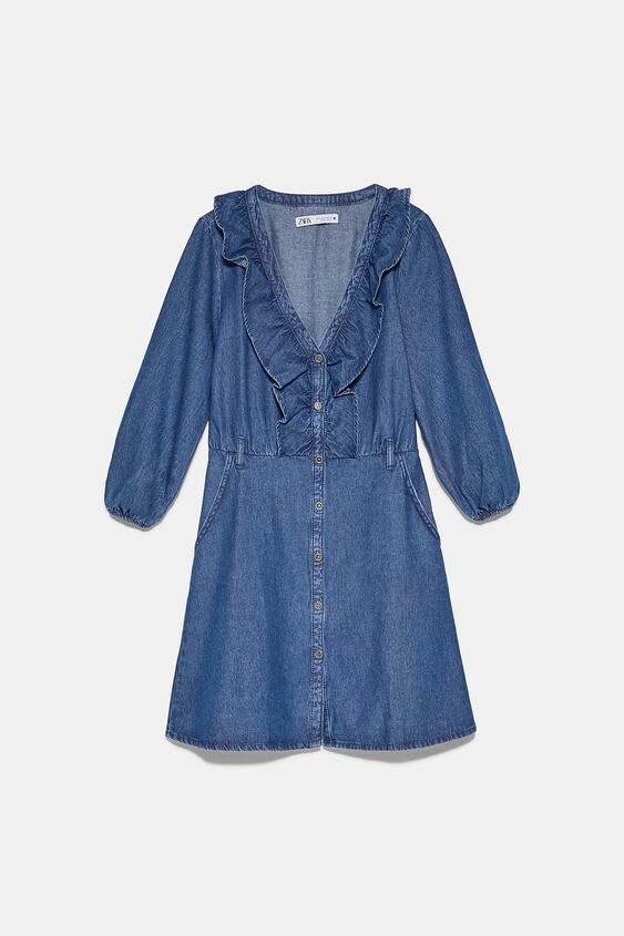 zara frilled denim dress TRF DENIM GORED MINI DRESS - Light blue