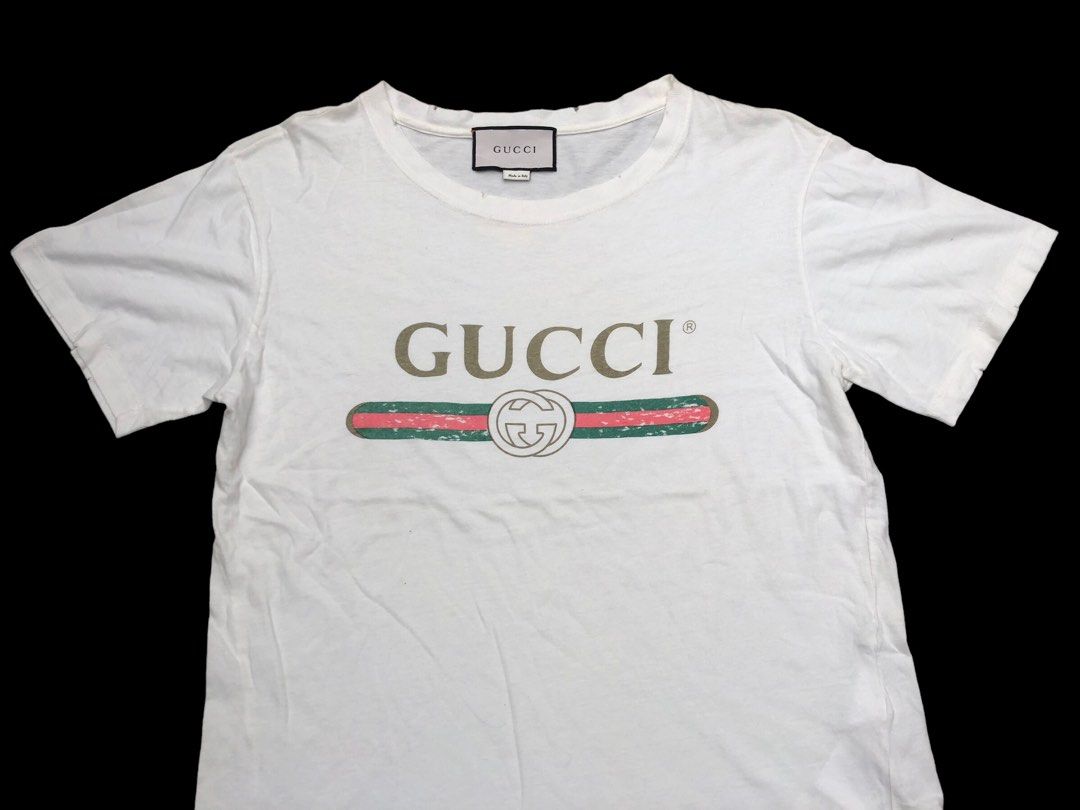 Authentic GUCCI Distressed Big Logo Oversized Ripped White Cotton Stretch Designer Luxury Brand T Shirt