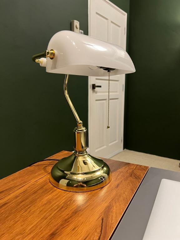 Banker's Lamp (White Shade + Gold Base), Furniture & Home Living