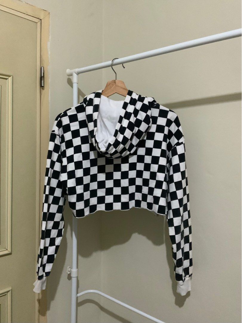 Checkered cropped hoodie Women s Fashion Tops Longsleeves on Carousell