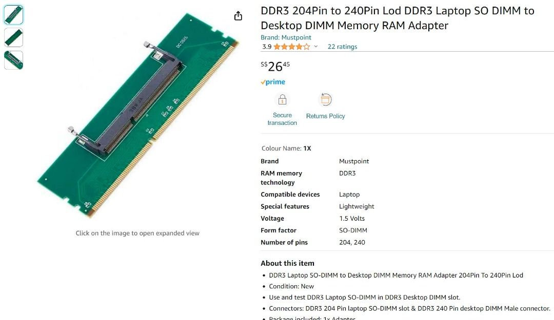 DDR3 204Pin to 240Pin Lod DDR3 Laptop SO DIMM to Desktop DIMM