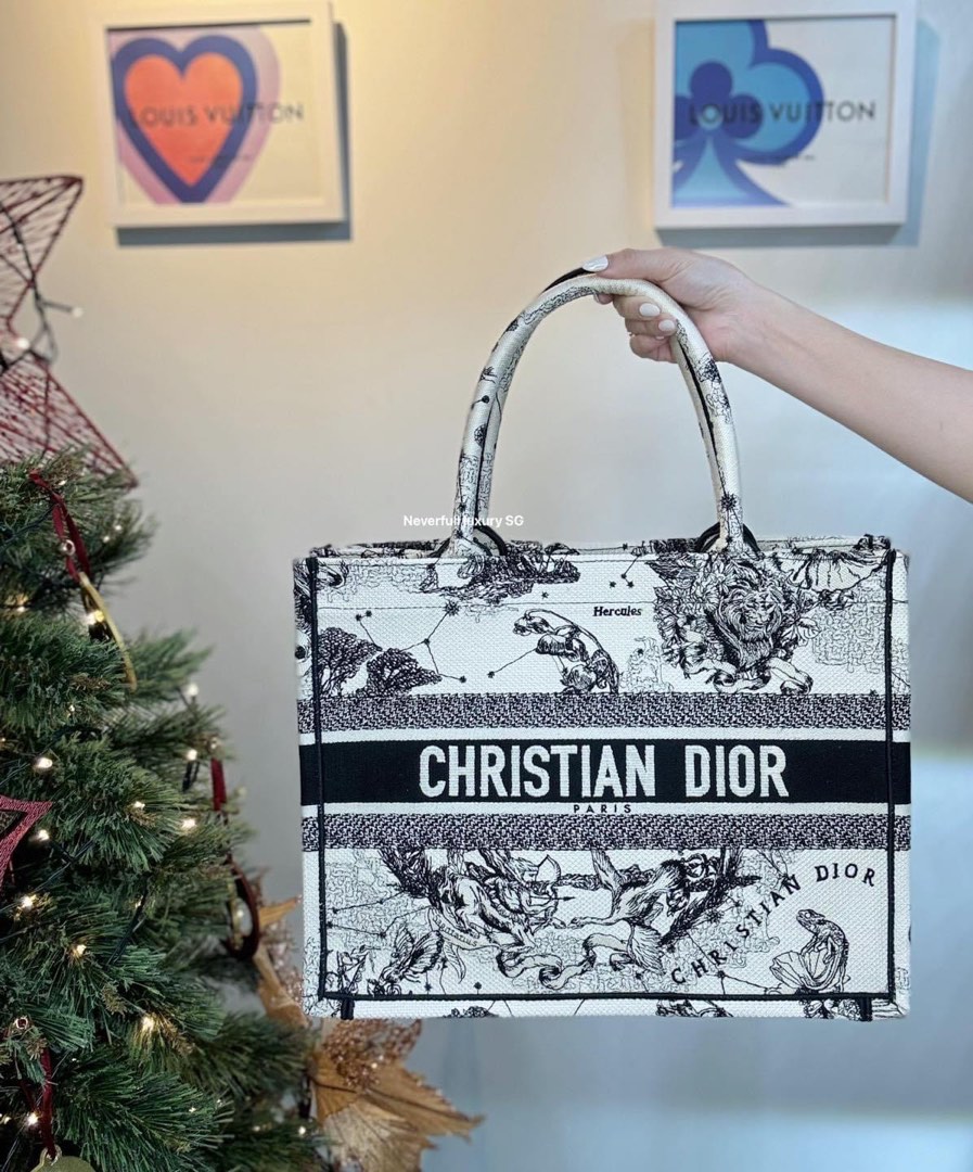 Dior Medium Book Tote Latte and Black Dior Zodiac Embroidery