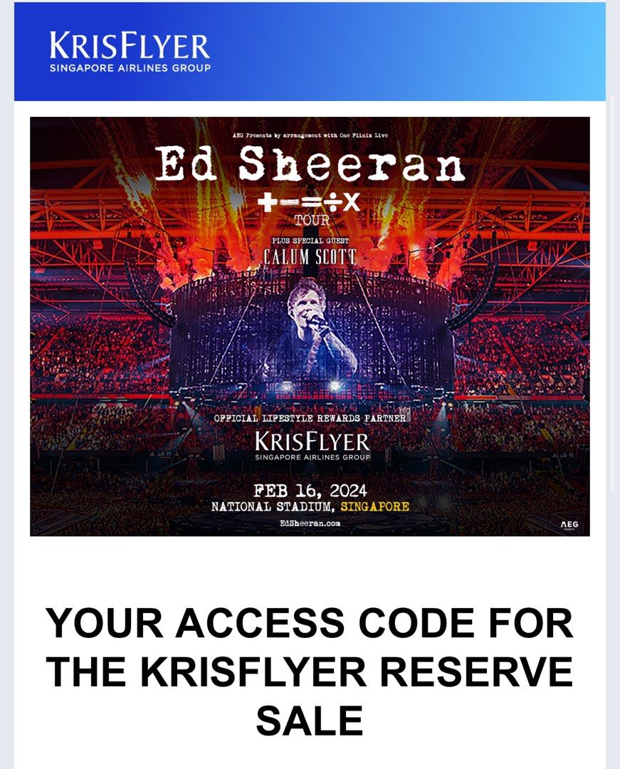 Ed Sheeran 2024 Krisflyer access code, Tickets & Vouchers, Event