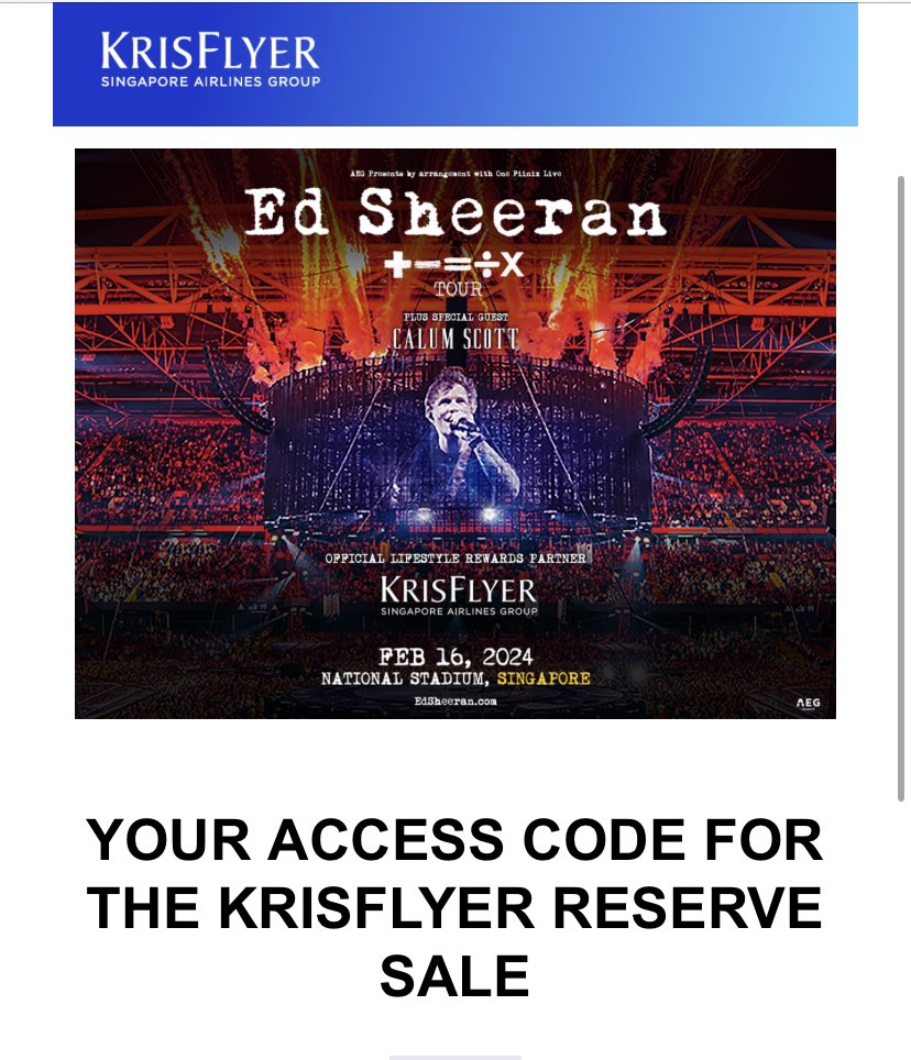 Ed Sheeran 2024 Krisflyer Reserve Sale Access Code, Tickets & Vouchers