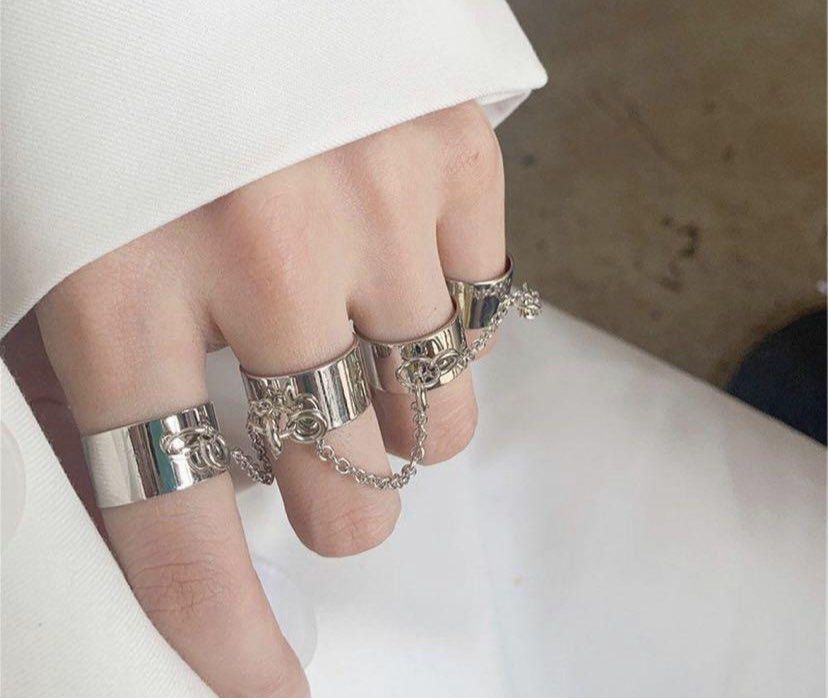 Four Fingers adjustable link chain silver ring set Men s Fashion