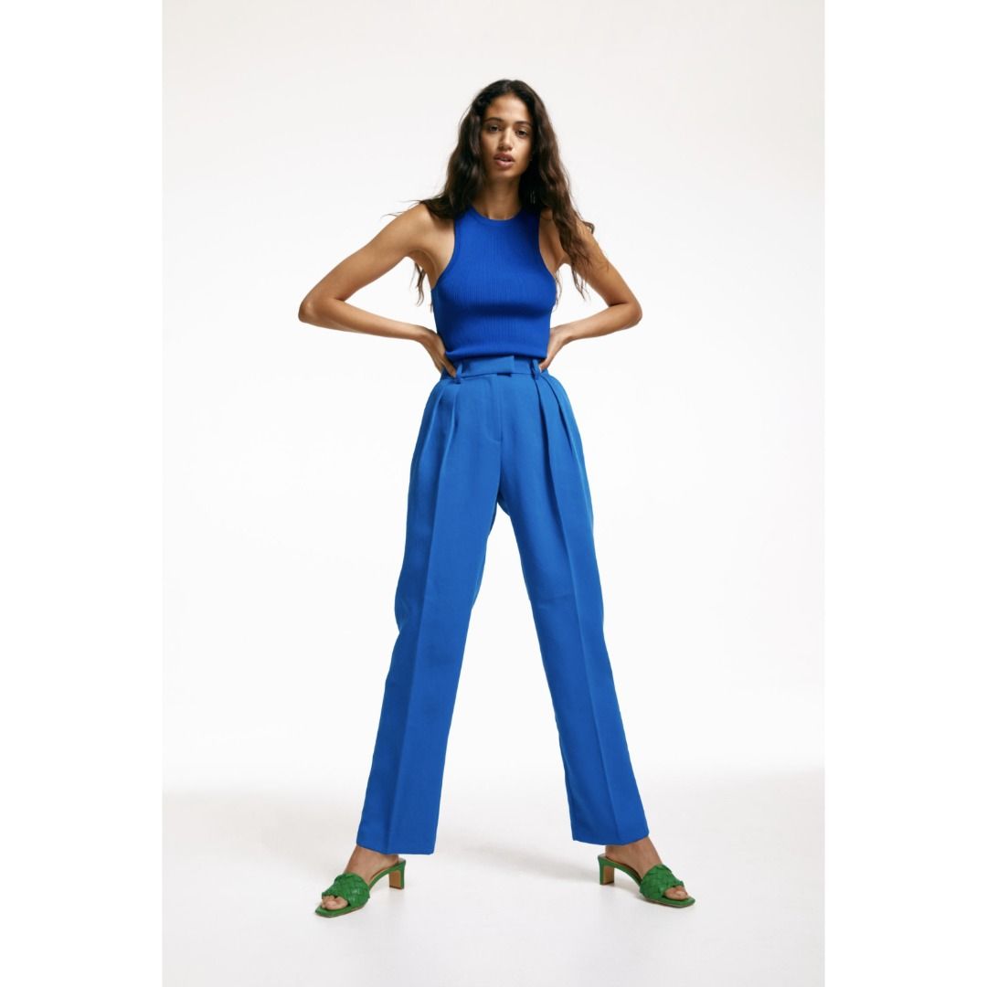 H M High Waisted Tailored Trousers in Bright Blue Women s Fashion
