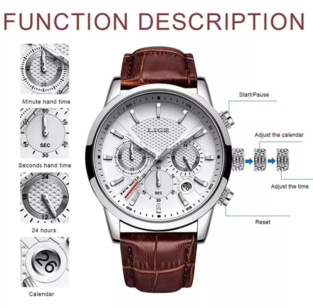 LIGE Men s Watches Luxury High Quality Men Wrist Watch Genuine Leather Quartz Watch Chronograph Sports Waterproof Xmas Christmas Birthday New Year