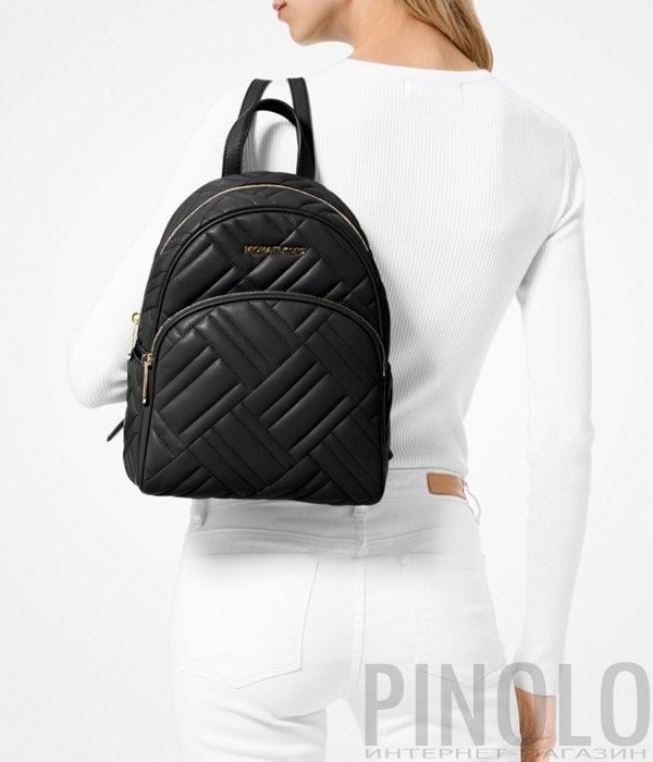 Original Michael Kors Abbey Medium Backpack Leather Quilted Black Gold