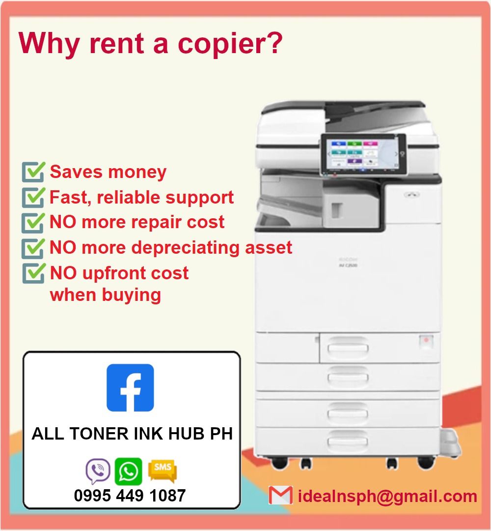 Printer and Copier for rent (Category: Printers, Scanners & Copiers) located in Quezon City. Submitted by ideal.networksolutions (Listing ID 1262392235, Image 2). Description: Do you need a reliable printer vendor to support your heavy printing requirement? Inquire now and qualify for our free use of rental copier. Promo is open to select customers within Metro Manila and nearby areas. FB All Toner Ink Hub PH.