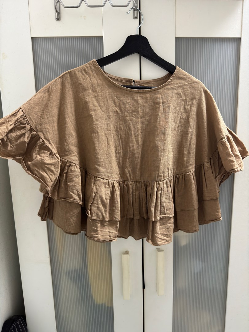 Ruffles Top (Brown), Women's Fashion, Tops, Blouses on Carousell