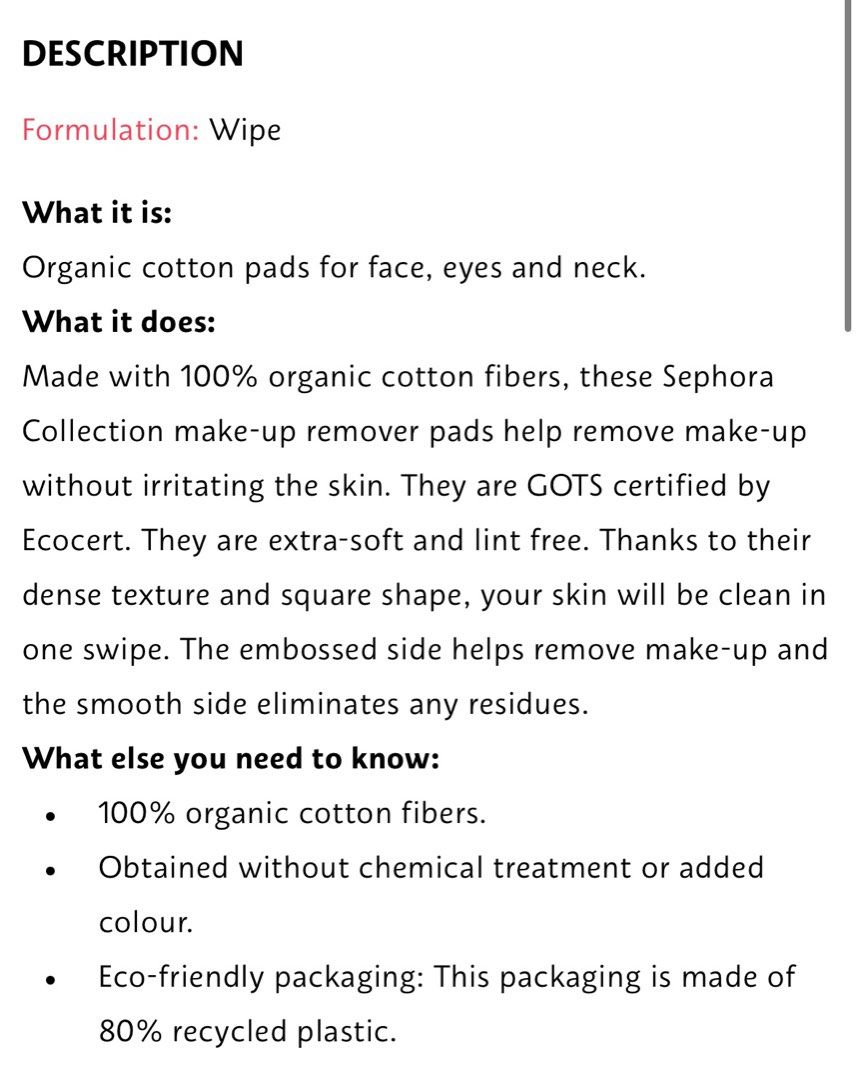 Sephora Organic Cotton Pads, Beauty & Personal Care, Face, Face Care on Carousell