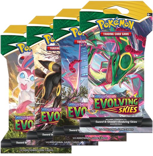 Pokemon Evolving Skies Booster Pack Set - 4 Sleeved Packs With Full Art  Cards (Factory Sealed)