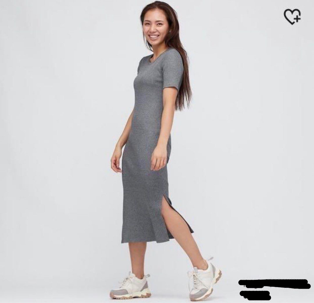 UNIQLO Grey Ribbed Side Slit Short Sleeve Long Dress Women s