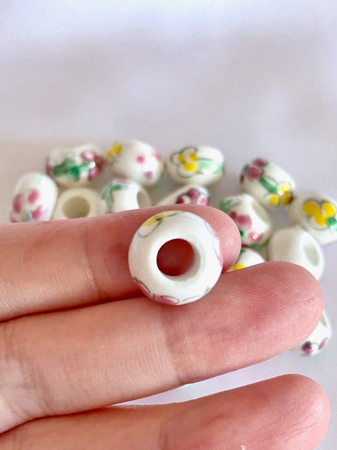 13x8mm Hand Painted Pink Yellow Flowers White Ceramic Large Hole