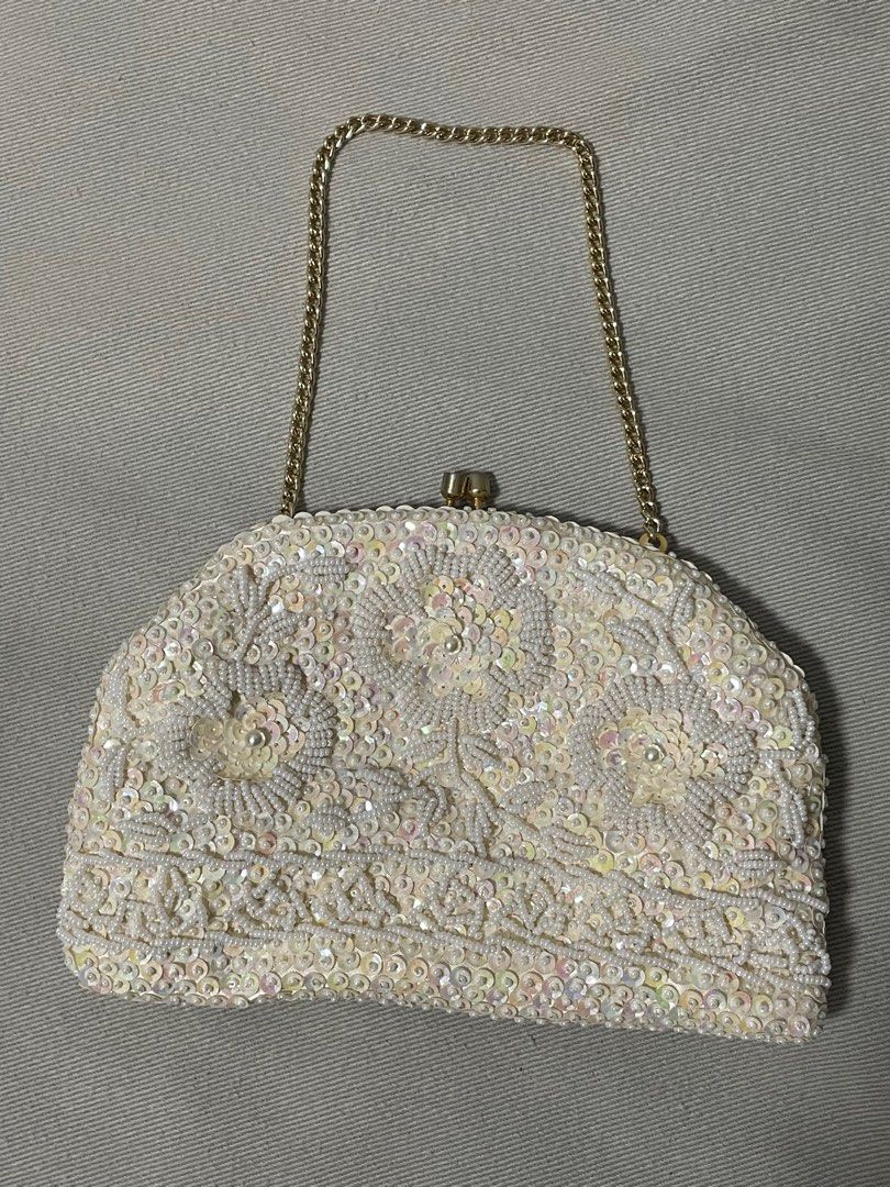 1950s Clutch Handbag Cream White Hand-Beaded Evening Bag by