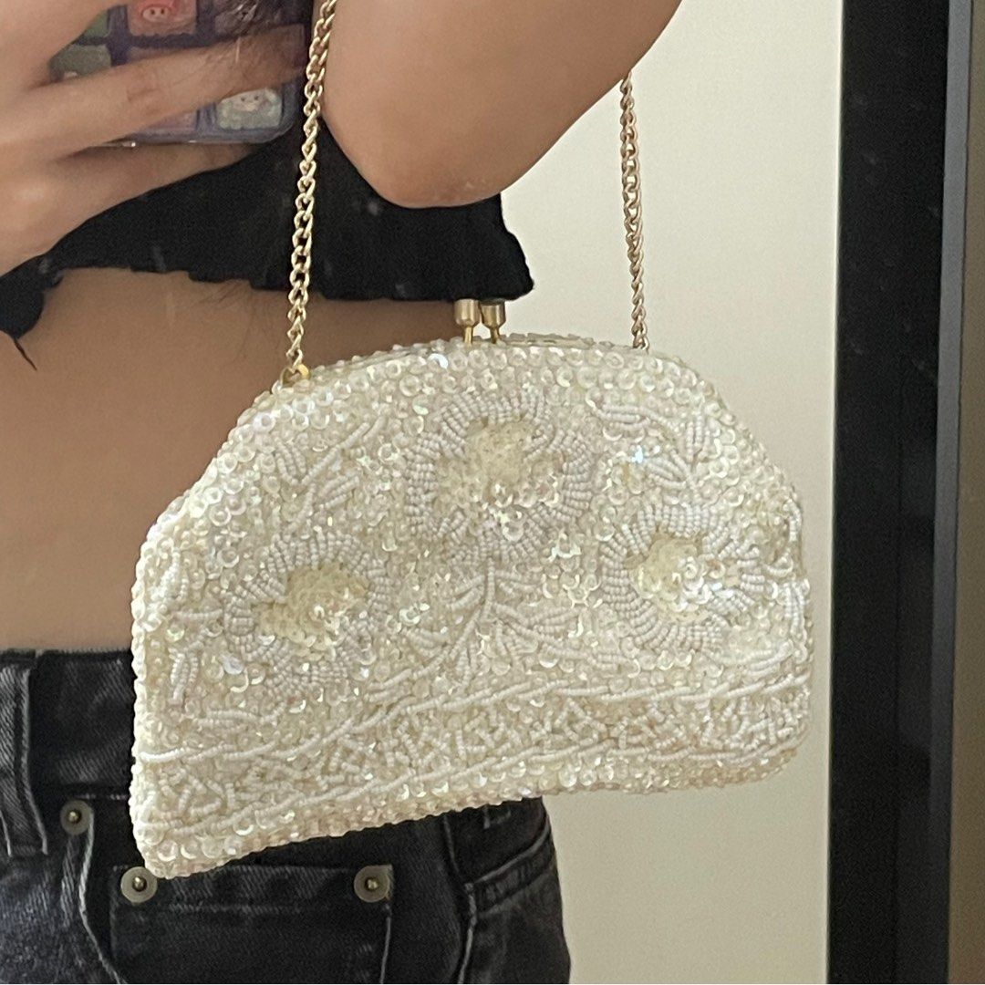 1950s Clutch Handbag Cream White Hand-Beaded Evening Bag by