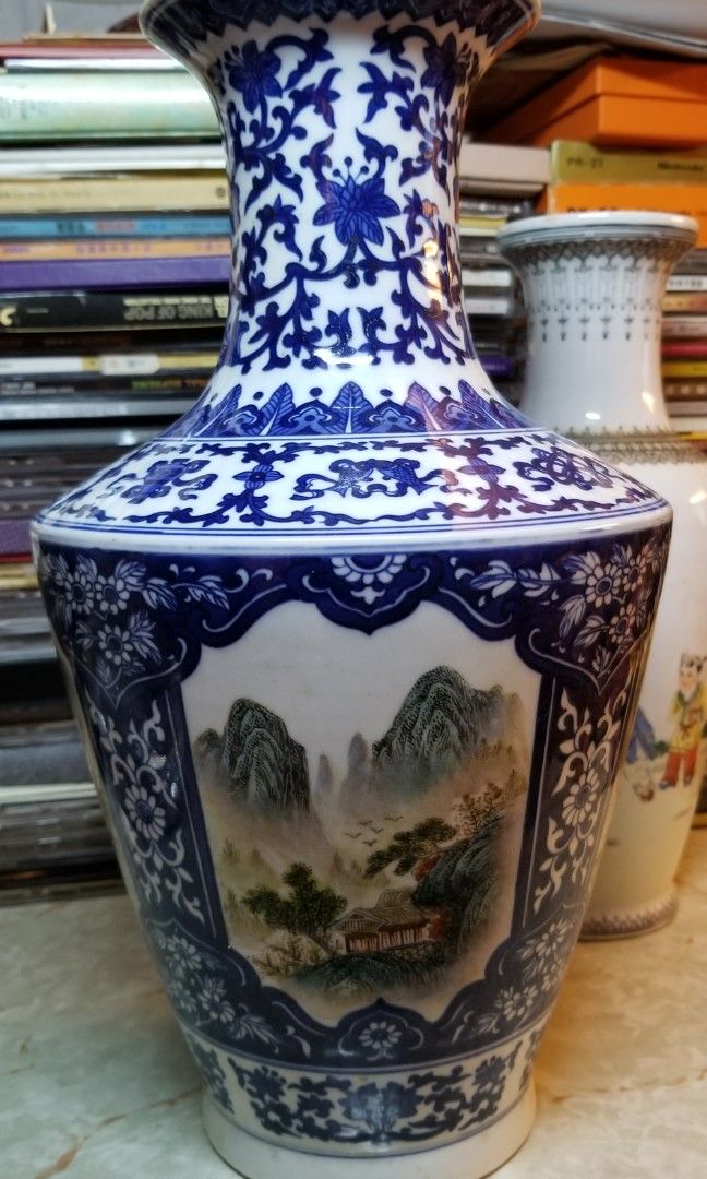 567 景德鎮( 大清嘉慶年製)底款四面開繪青花纏枝瓷粉彩山水