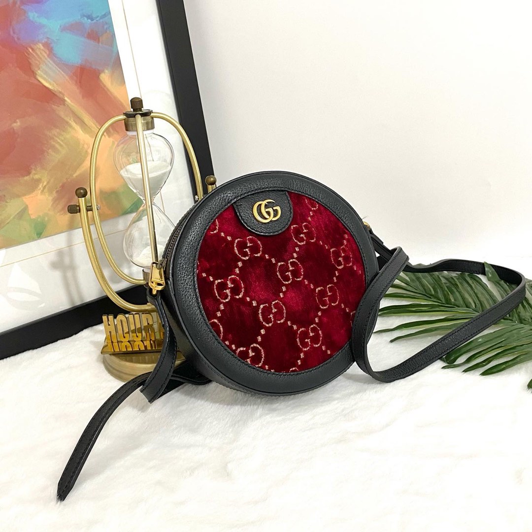 Authentic Gucci Red GG Ophidia Round Velvet Mini Shoulder Bag