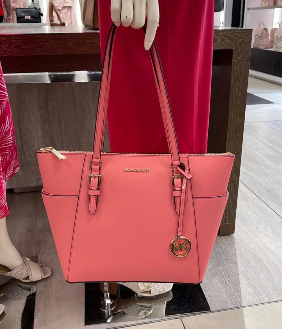 Michael Kors Charlotte Large Zip Shoulder Tote Saffiano Leather Tea Rose  Pink