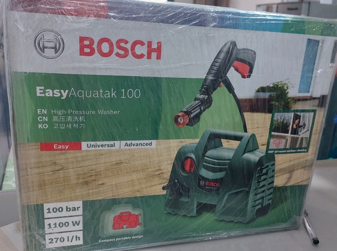 BOSCH AQUATAK 100 Pressure washer cleaner (Category: Cleaning Tools & Supplies) located in Mandaluyong City. Submitted by reamc8 (Listing ID 1262563595, Image 3). Description: SEALED ITEM- BRAND NEW Handy, 360°, all-round outdoor cleaning Bosch 360° Gun can be angled to clean hard-to-reach areas effortlessly One-handed operation provides a free hand to assist cleaning Adjustable nozzle – from a forceful jet to gentle rinsing 450-ml High-Pressure 