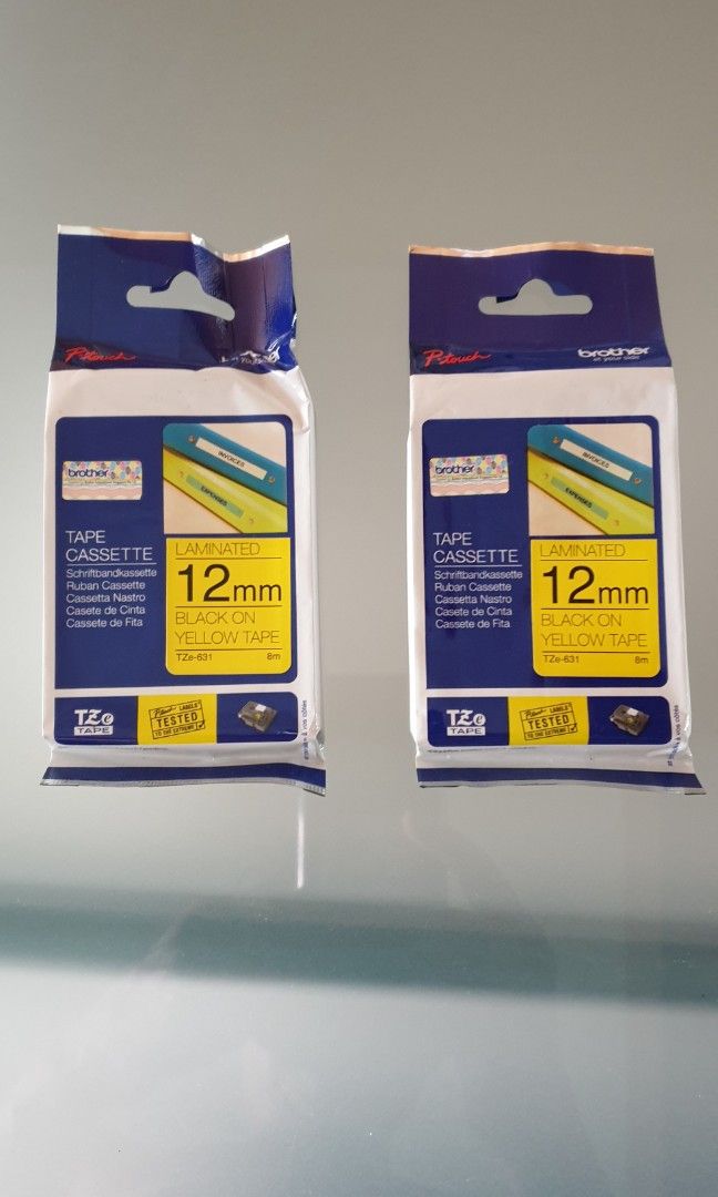 BROTHER TAPE CASSETTE, LAMINATED 12MM BLACK ON YELLOW TAPE, Computers