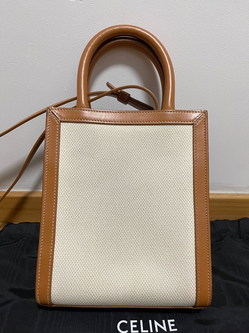 CELINE logo Vertical Cabas Mini 2WAY Shoulder Bag Canvas/Leather Beige