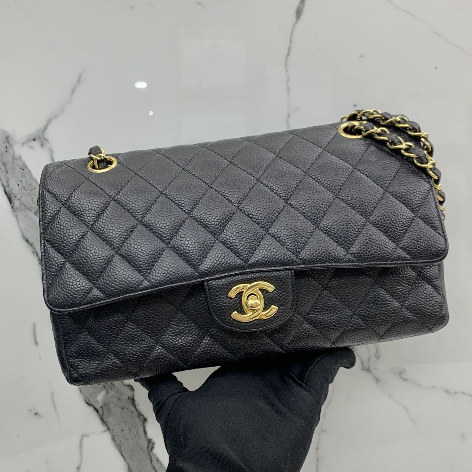 CHANEL Classic Jumbo Double Flap Caviar Leather Shoulder Bag Black