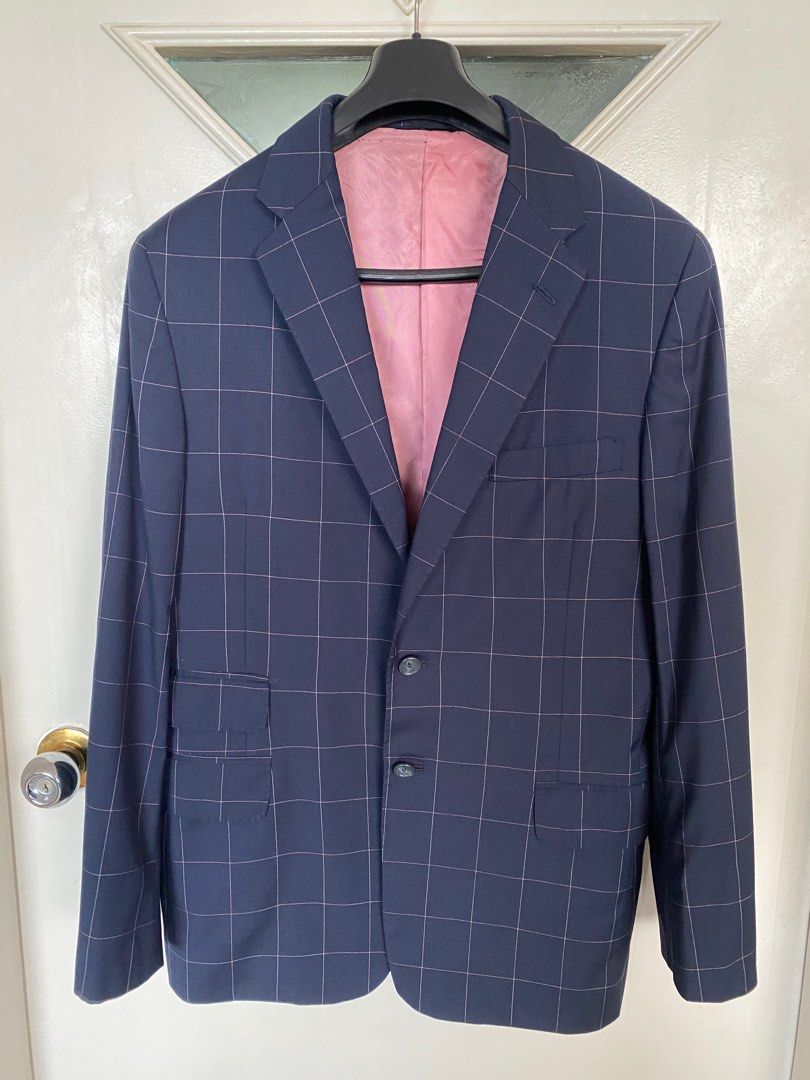 Checkered Navy Blazer Jacket Full Canvas
