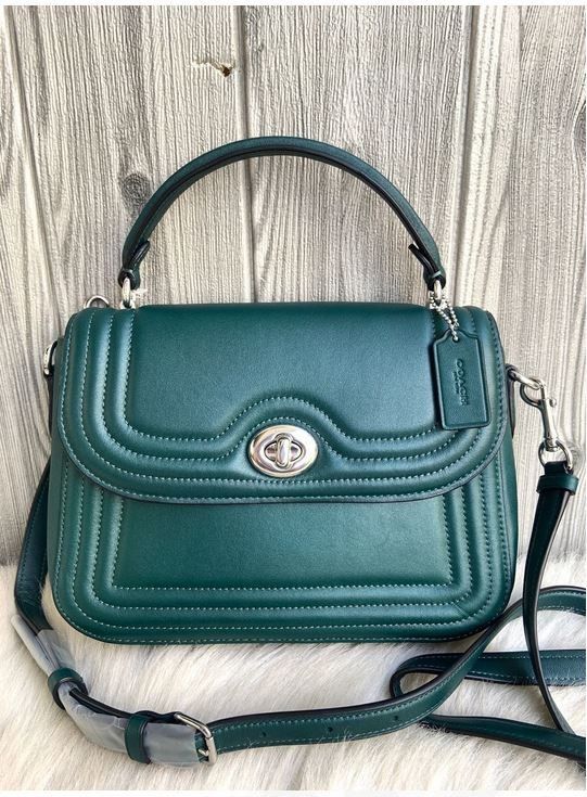 Coach Marlie Top Handle Satchel With Border Quilting Metallic Ivy Green 2.7jt